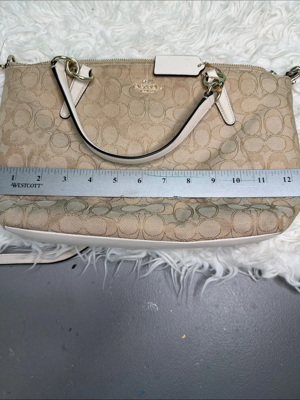 Authentic Coach Beige Canvas Signature Satchel with White Trim